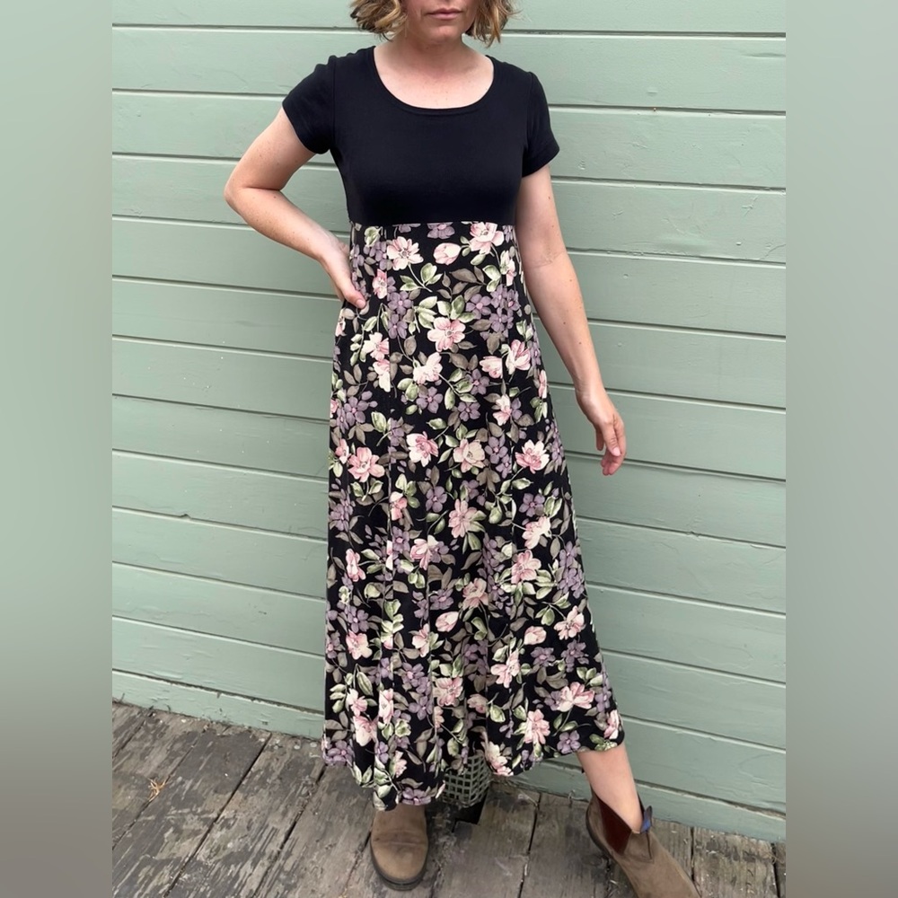 Vintage S Laura Tyler Maxi dress black floral 90s
